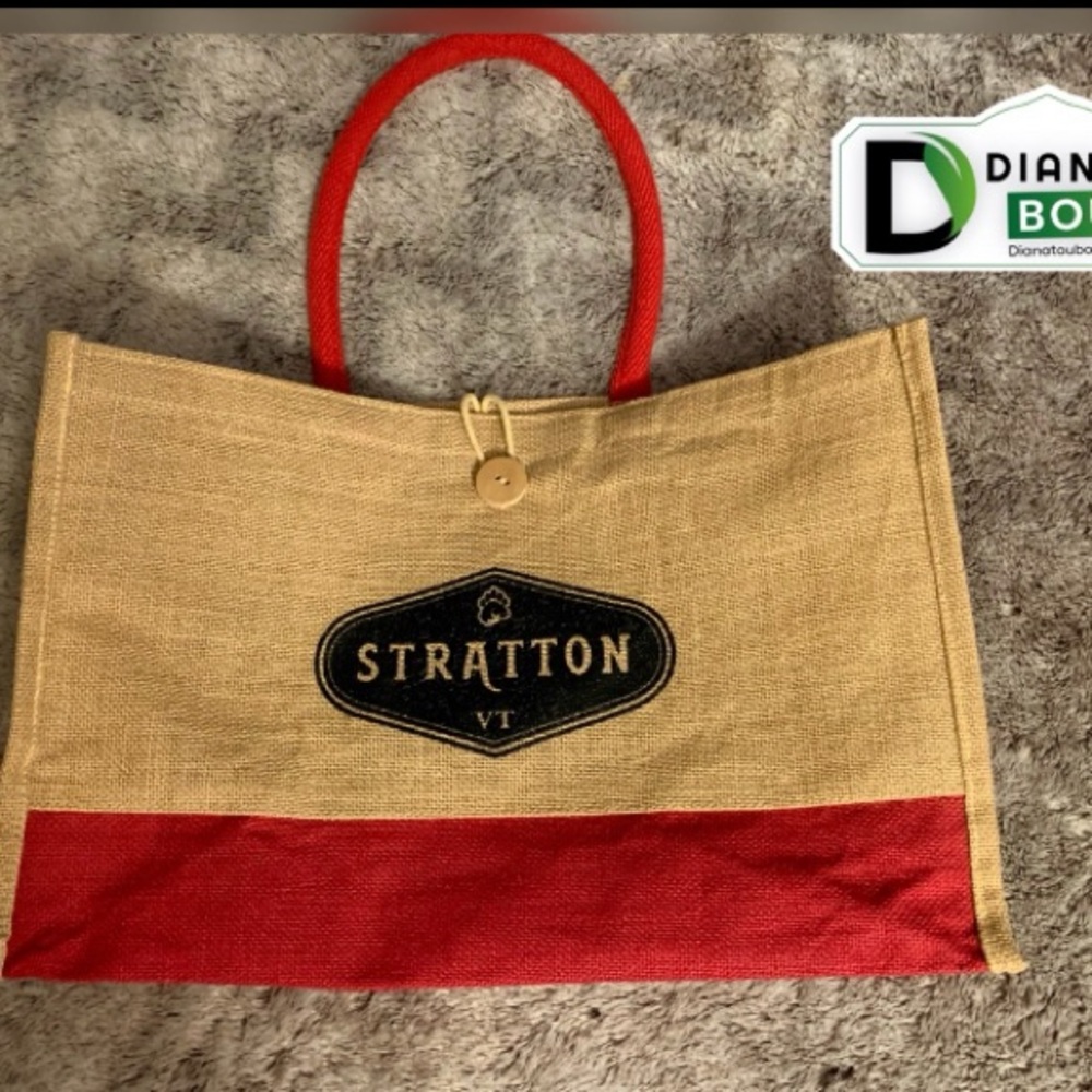 Tan Stratton VT Jute Tote Bag With Red Accents & Logo